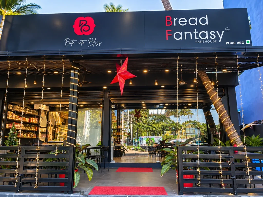 Bread Fantasy outlet entrance decorated with string lights
